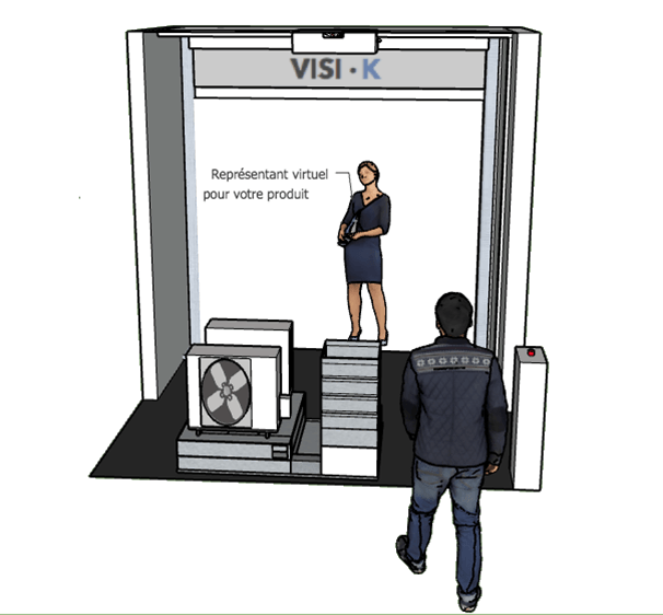 Illustration of the Visi-K kiosk: a virtual sales rep projected next to a heat pump